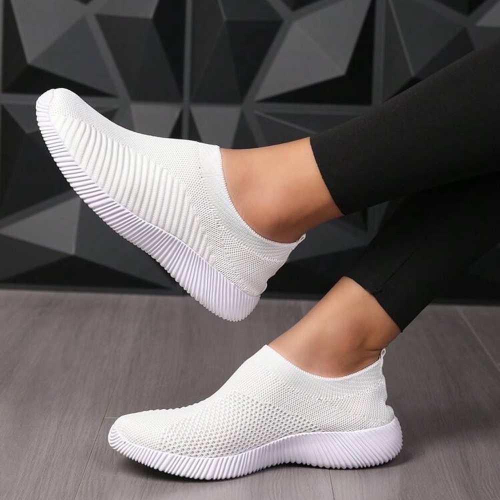 White Slip-On Sneakers with Breathable Mesh. Size 8
